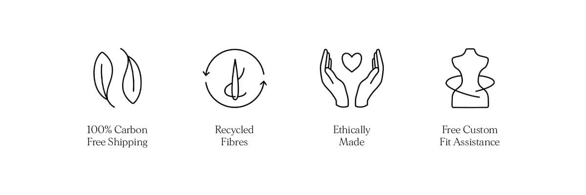 Four line-art icons are displayed horizontally on a white background: the first depicts two leaves, labeled '100% Carbon Free Shipping'; the second sh...
