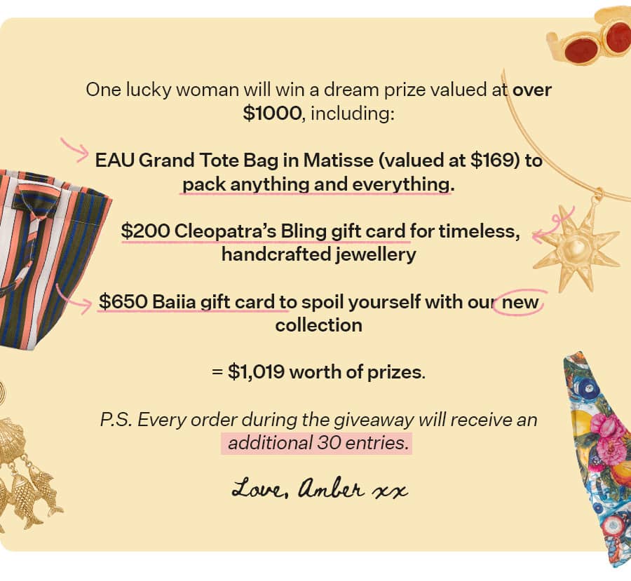 A flat-lay image with text and jewelry, announcing a giveaway where one lucky woman will win a dream prize valued at over $1000, including: EAU Grand ...