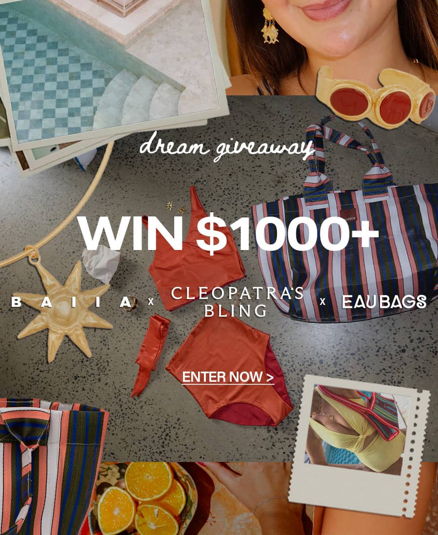 A flat-lay composition features the text 'dream giveaway WIN $1000+' with 'BAIIA x CLEOPATRAS BLING x EAUBAGS' below, alongside an orange bikini, a st...