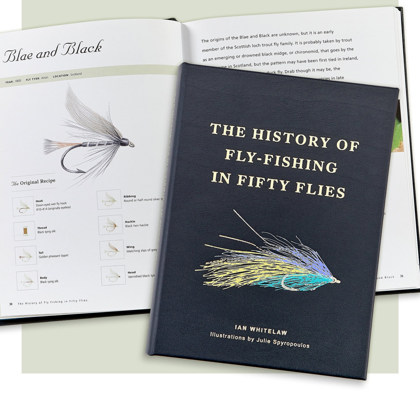 A leather-bound edition of The History of Fly Fishing in Fifty Flies.