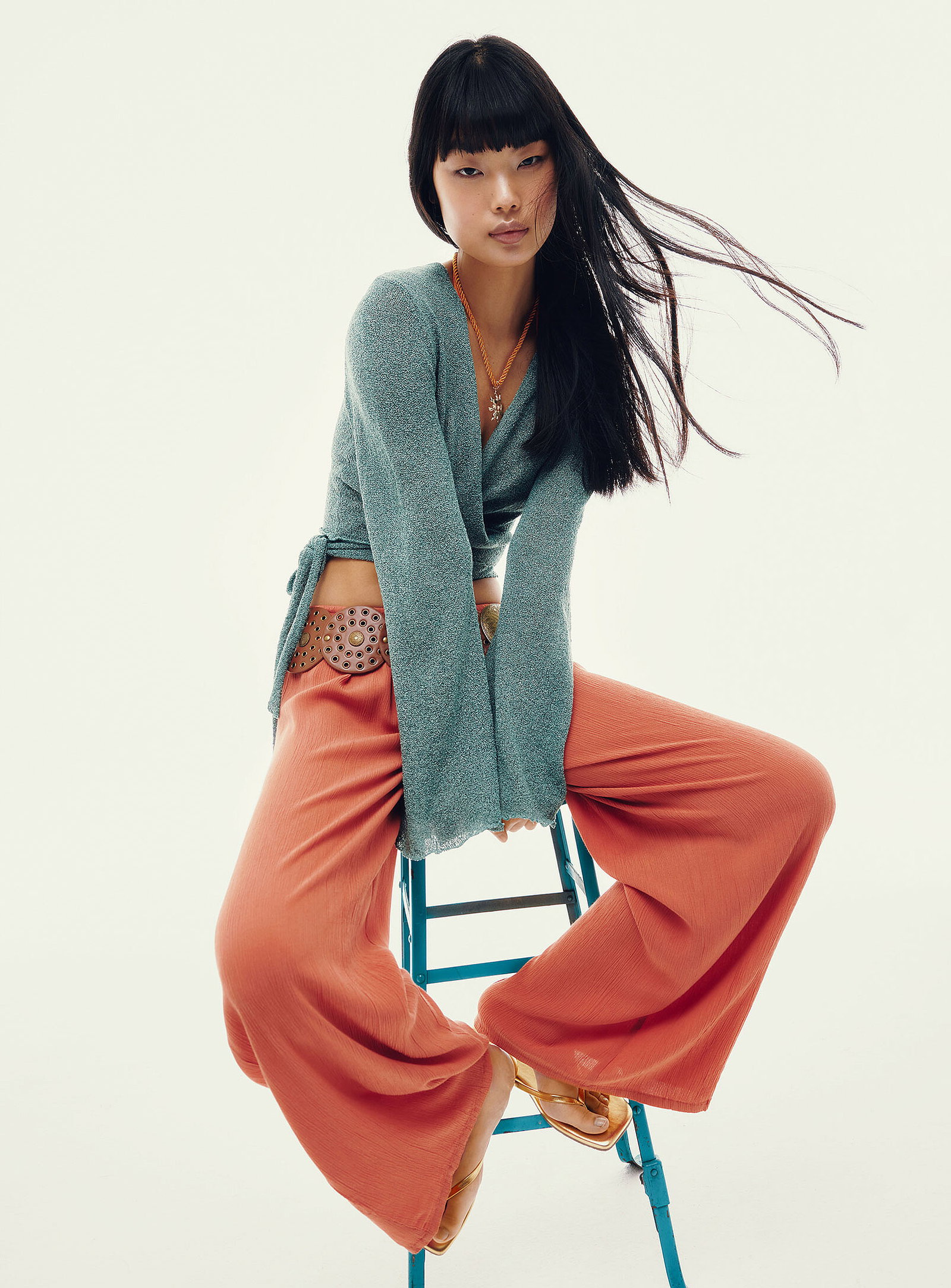 Crinkled elastic-waist wide-leg pant