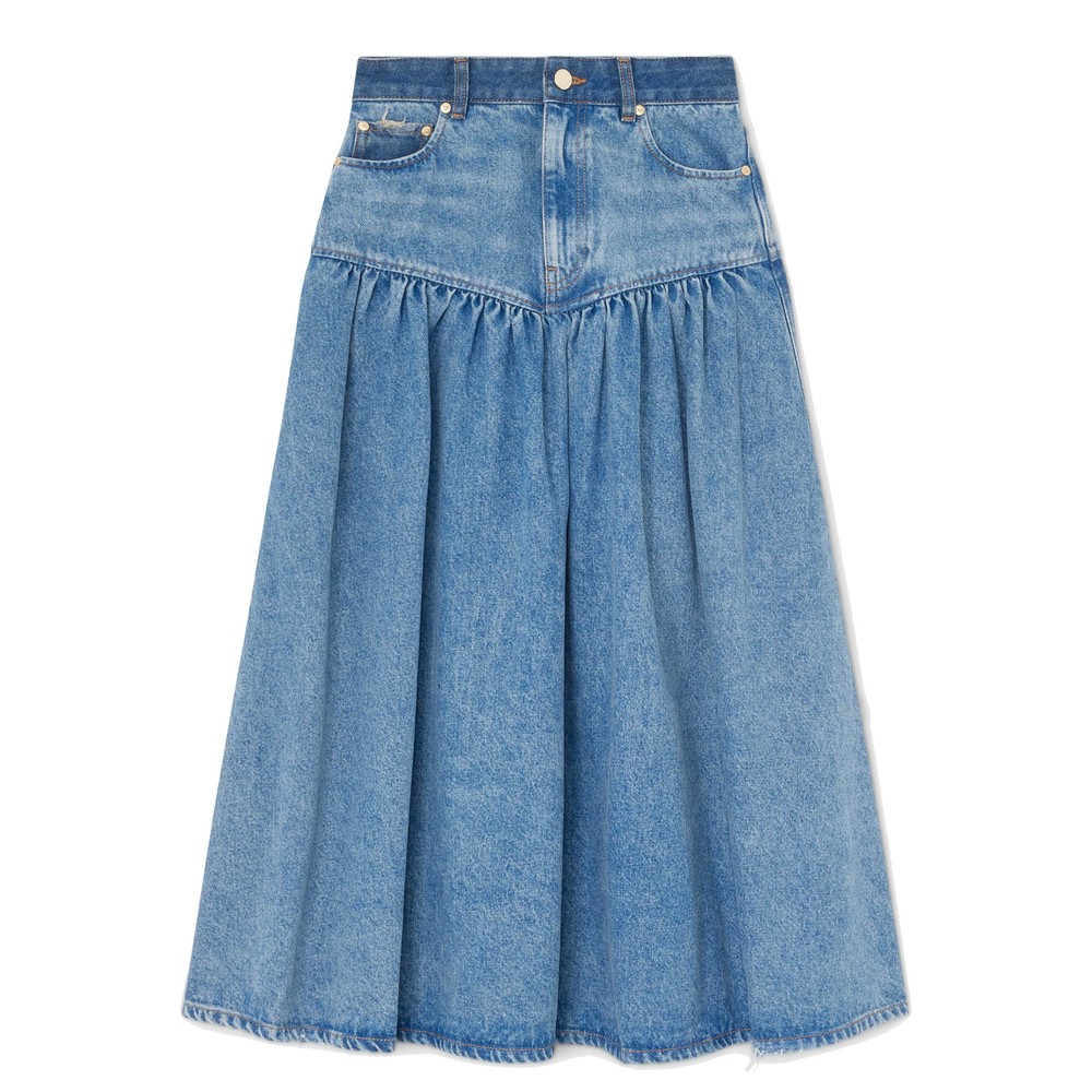 Image of Patchwork Denim Long Skirt - Blue Vintage
