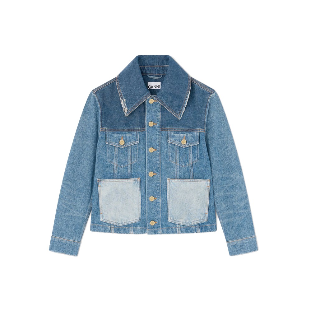 Image of Patchwork Denim Short Jacket - Blue Vintage