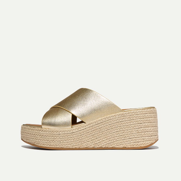 PLATFFORMS Espadrille Leather Wedge Cross Slides Platino