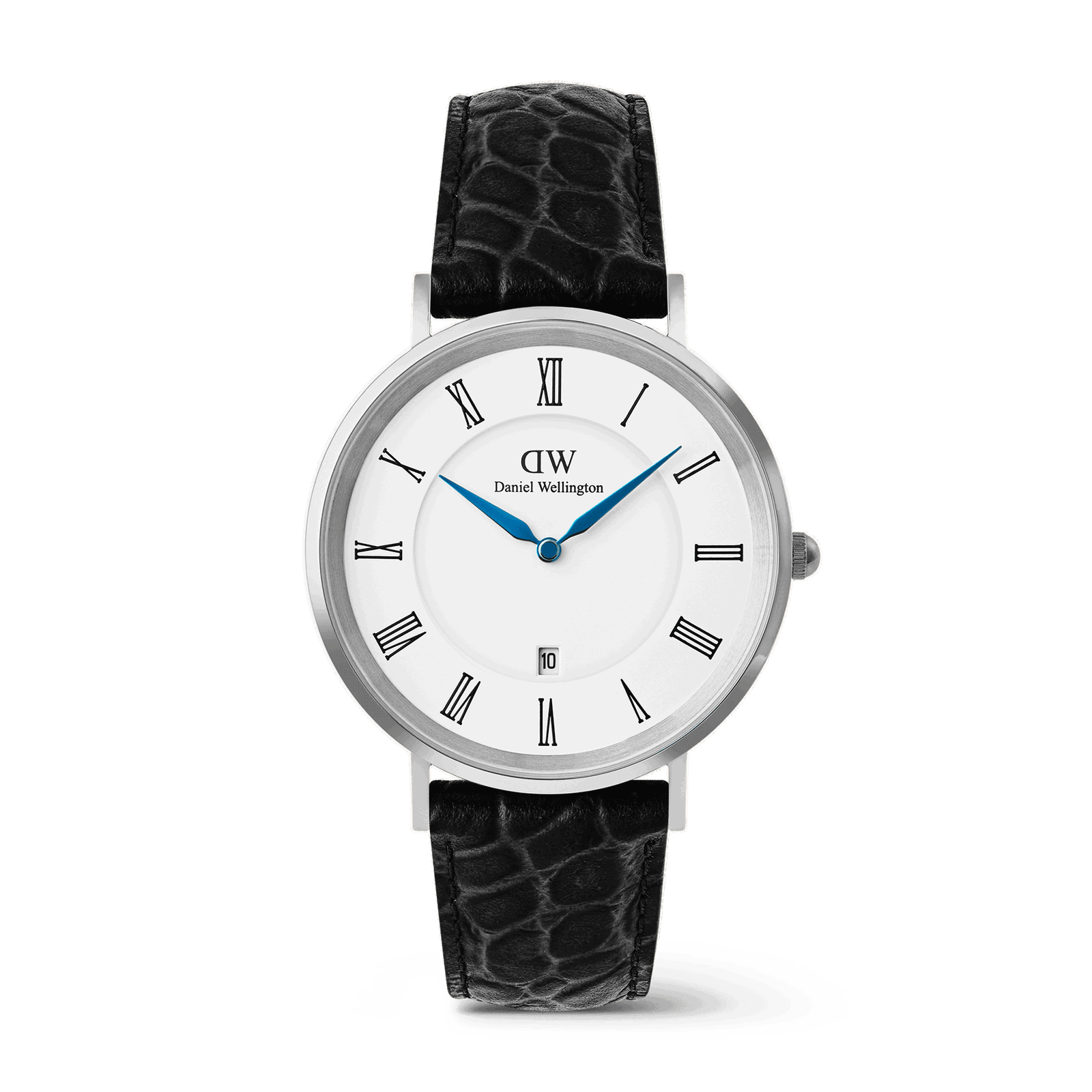 Classic Roman Numerals Date Black Croc Belly Silver
