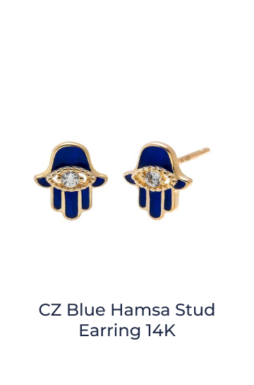 CZ Blue Hamsa Stud Earring 14K