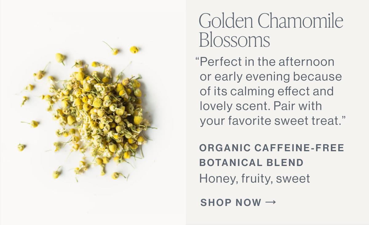 Golden Chamomile Blossoms | Organic Caffeine-Free Botanical blend | Shop Now → 