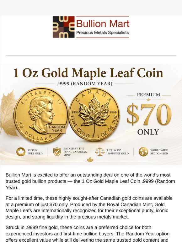 Gold 1 Oz Maple Leaf Coins at Just CAD 70 Premium