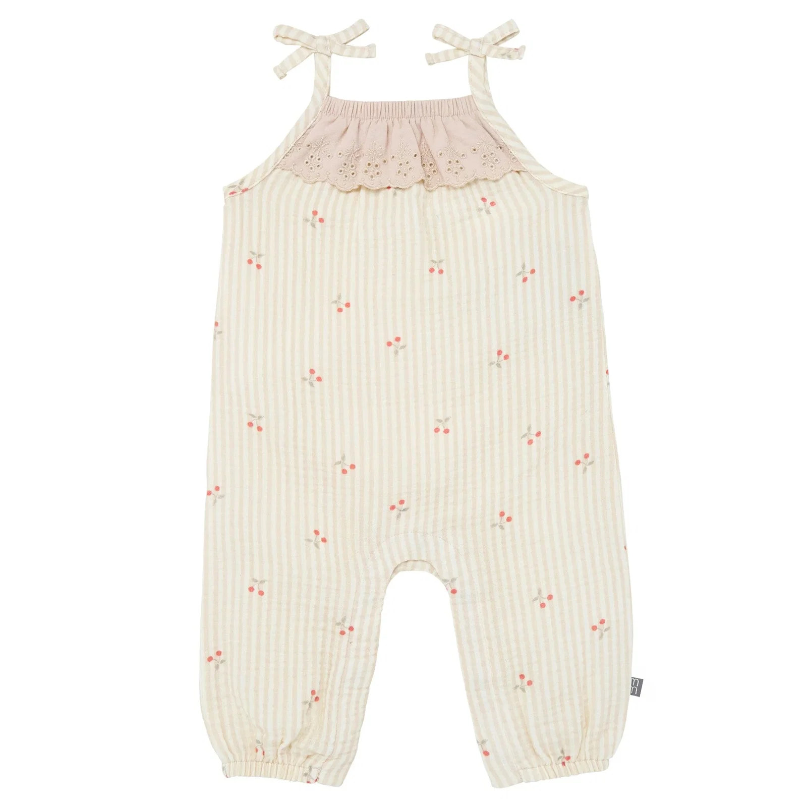 Baby Girls Beige Cherry Stripe Sleeveless Ruffle Romper