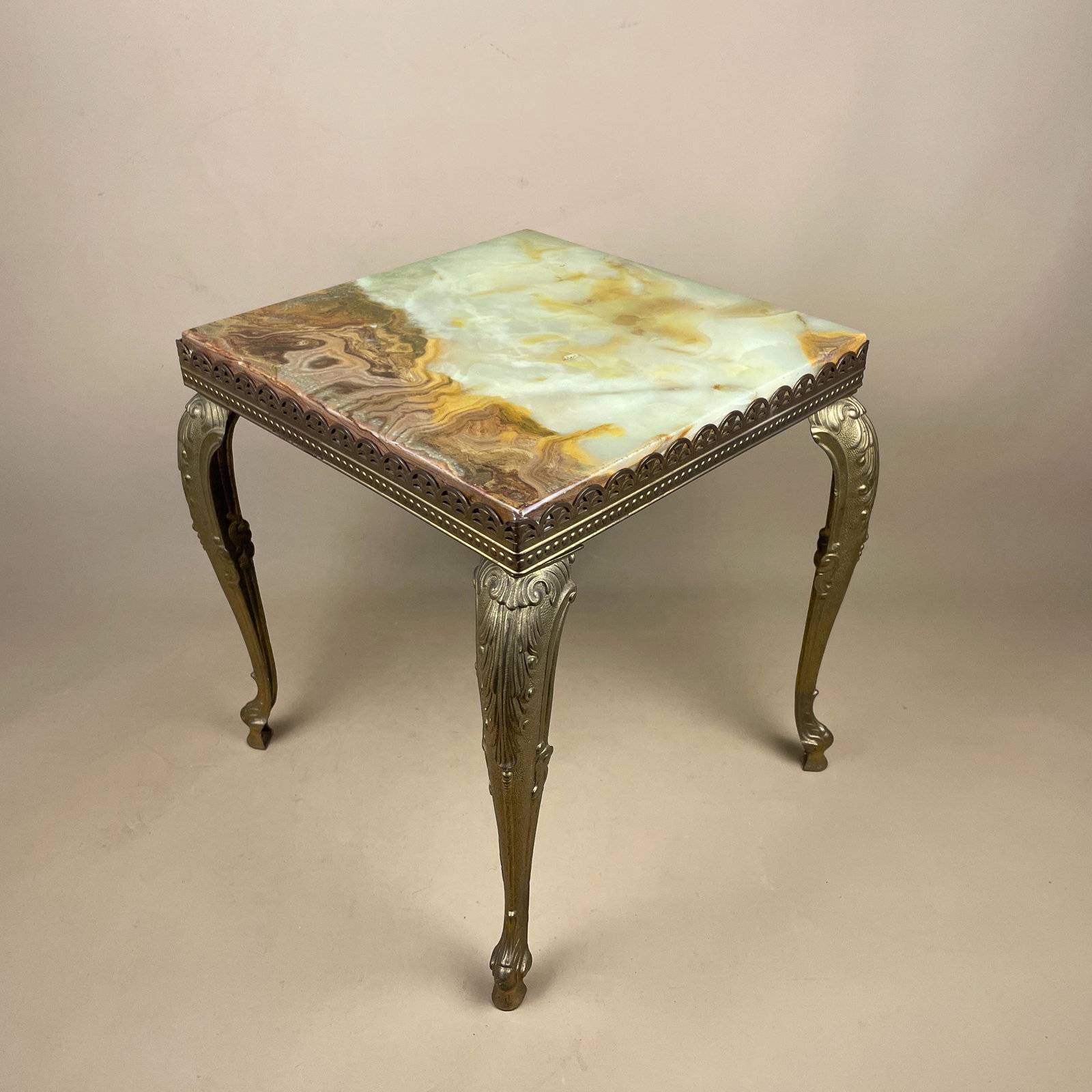 Antique Metal Onyx Marble Square Coffee Table Green Ornate Legs Vintage Heavy Gold Brass Patterned Regency Italian Vintage Natural Stone