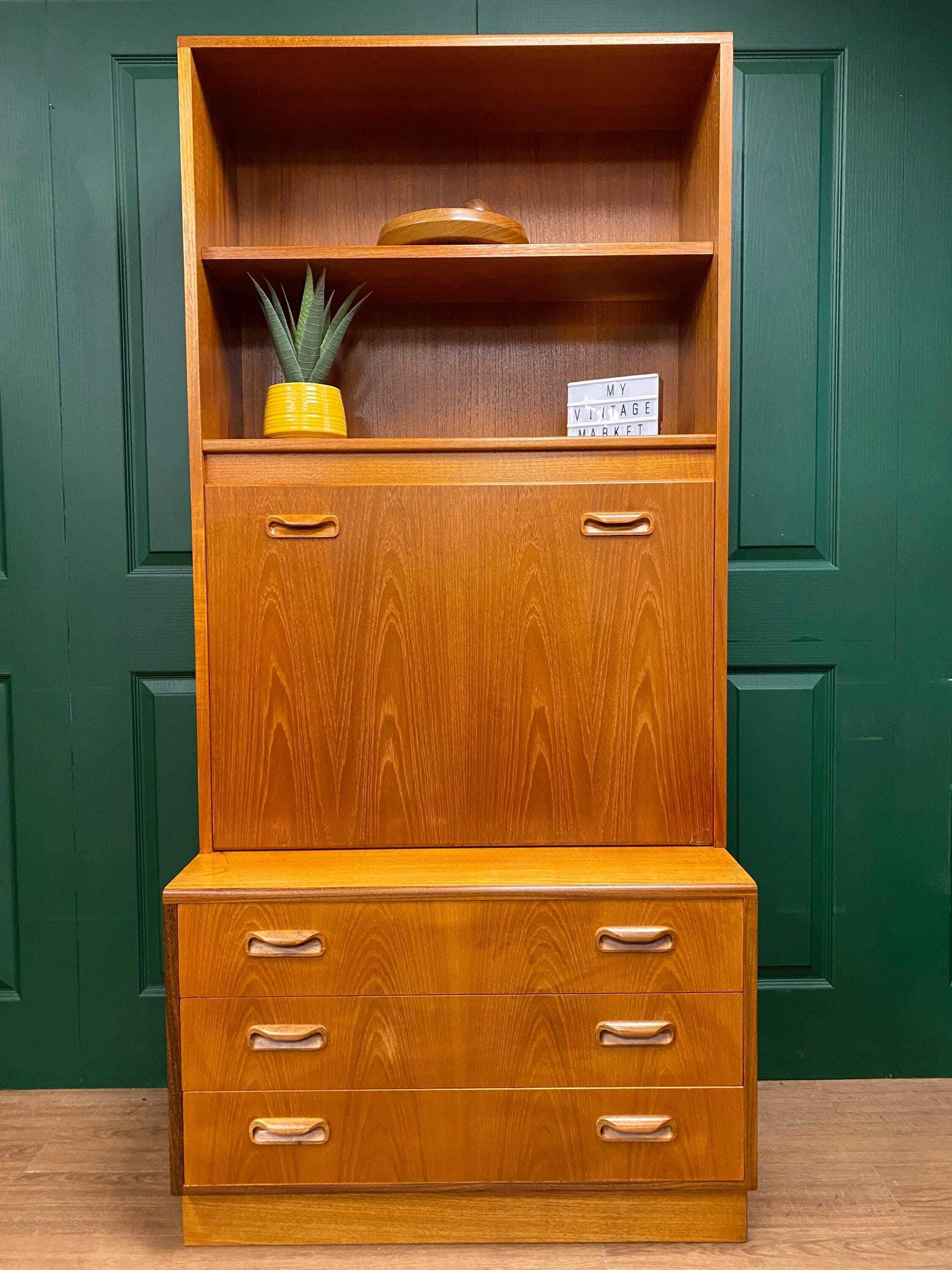 Restored Mid Century 1960s Teak G Plan Glazed Single Wall Unit With Drop Down Cocktail Cabinet