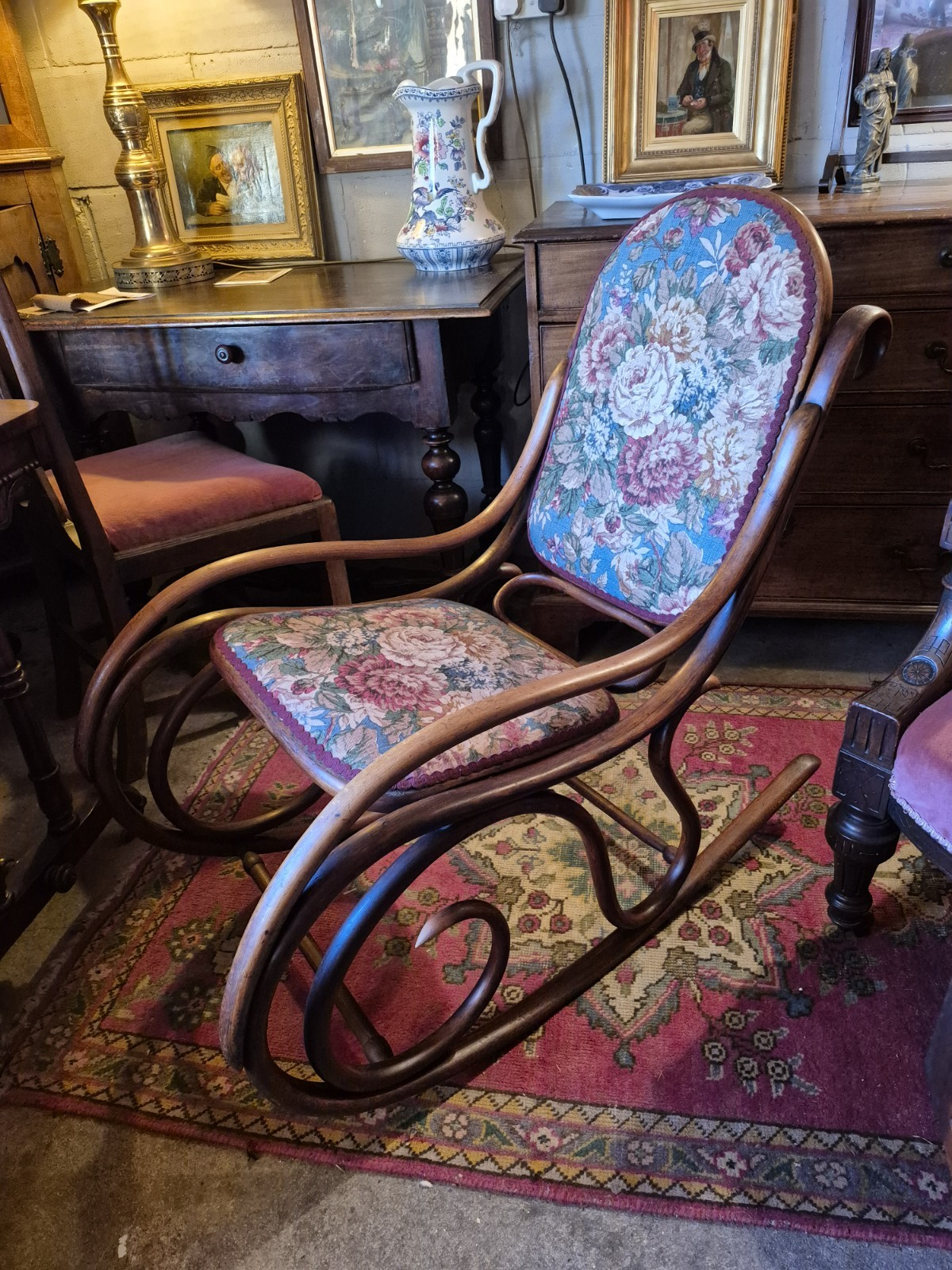 Superb Thonet Vintage Sanderson Fabric Upholstered Beech Bentwood Rocking Chair