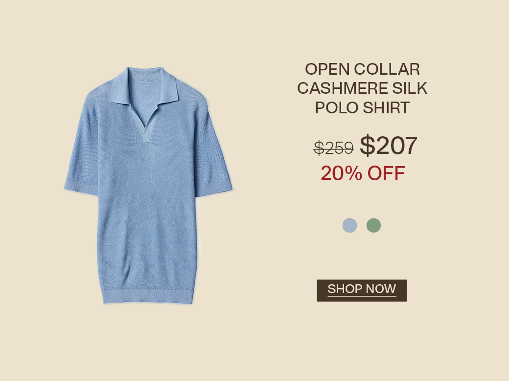 Open collar cashmere silk polo shirt in light blue, priced €207 (from €259), 20% off, with “Shop Now.”