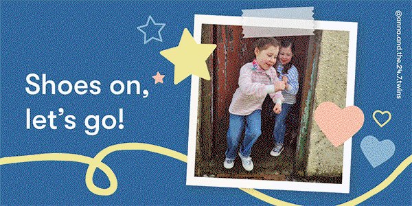 Shoes on, let's go! Twin girls wearing striped tops and Start-Rite canvas shoes, running out the door to play.