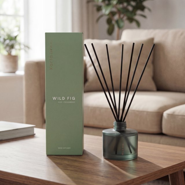 A reed diffuser labeled 'Wild Fig' on a table in a cozy living room setting.