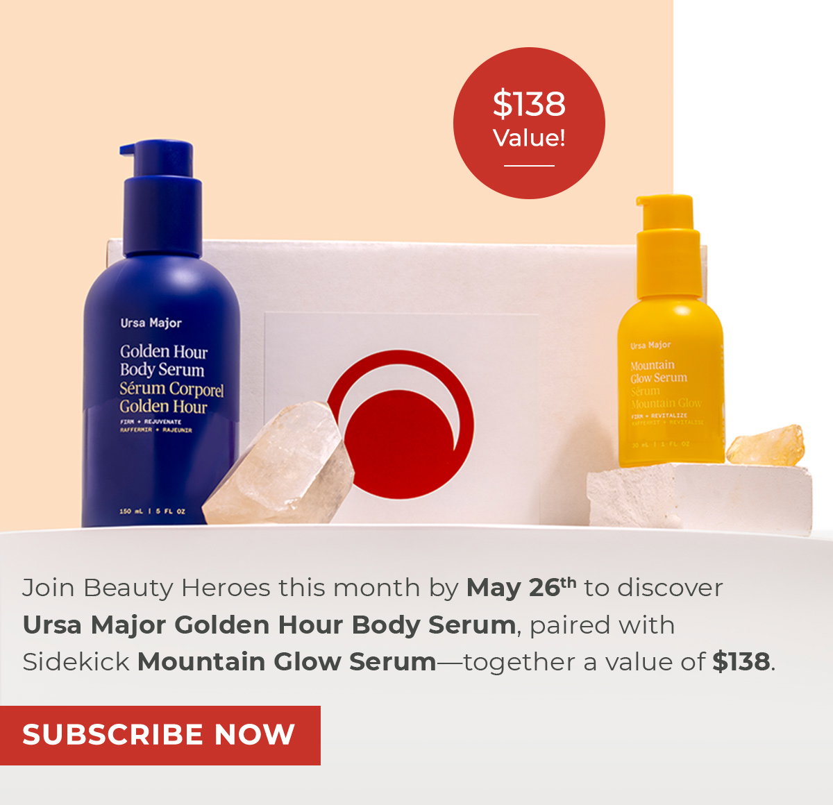 Join Beauty Heroes this month by May 26th to discover Ursa Major Golden Hour Body Serum, paired with Sidekick Mountain Glow Serum—together a value of $138.