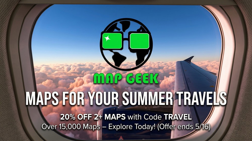 Looking out the airplane window across sunset topped clouds - maps for your summer travels