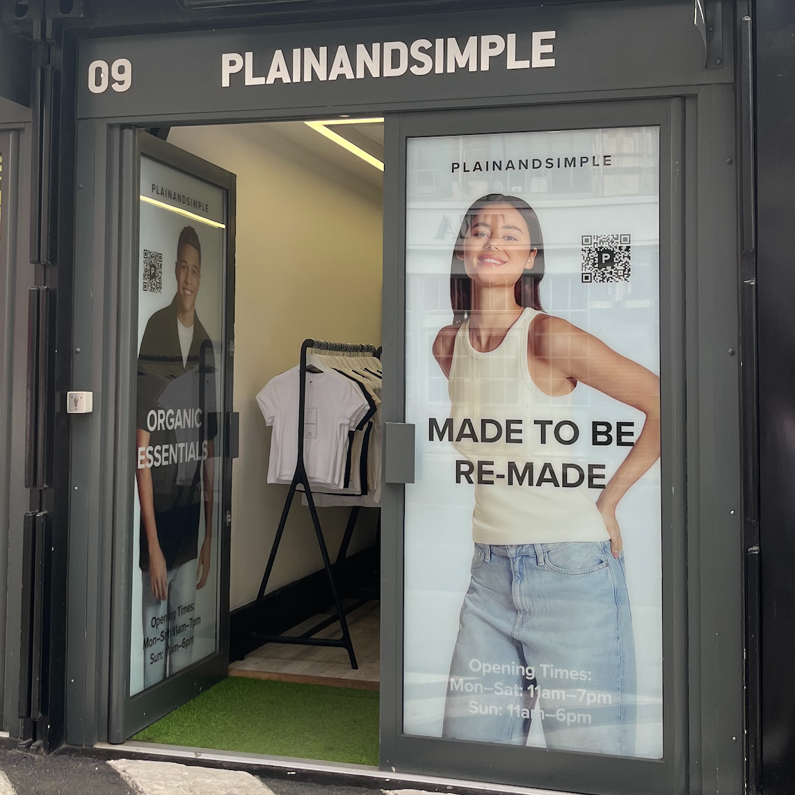 A store front for Plainandsimple, with imagery on the front showcasing organic cotton essentials