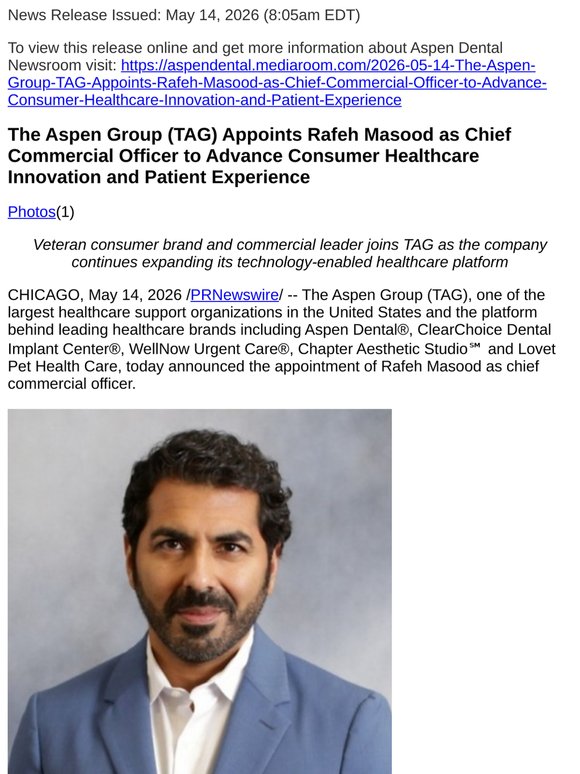 The Aspen Group (TAG) Appoints Rafeh Masood as Chief Commercial Officer to Advance Consumer Healthcare Innovation and Patient Experience