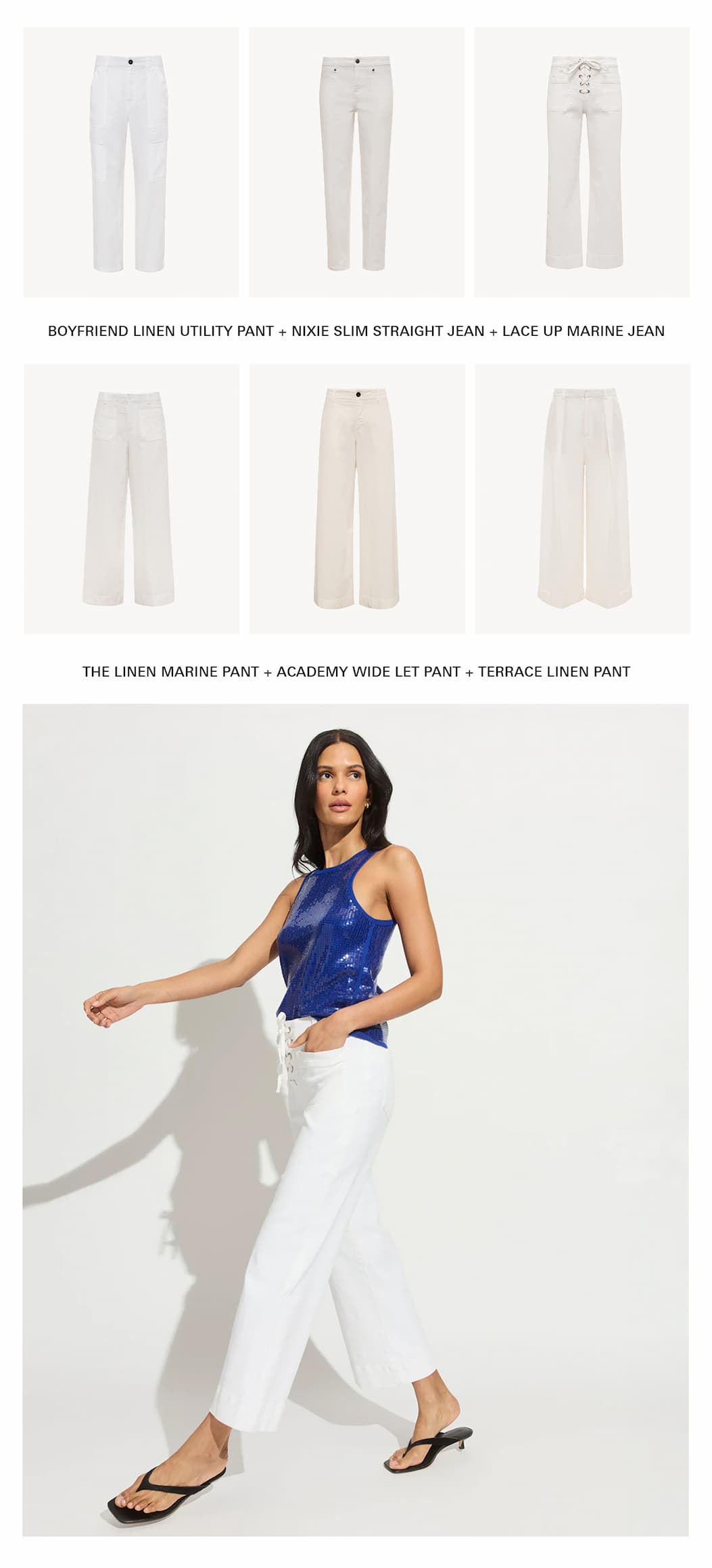grid of white pants, linen white pants, wide-leg white pants, white denim