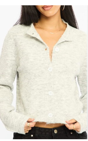 Grey Fitted Cardigan Long Sleeve Crew Neck