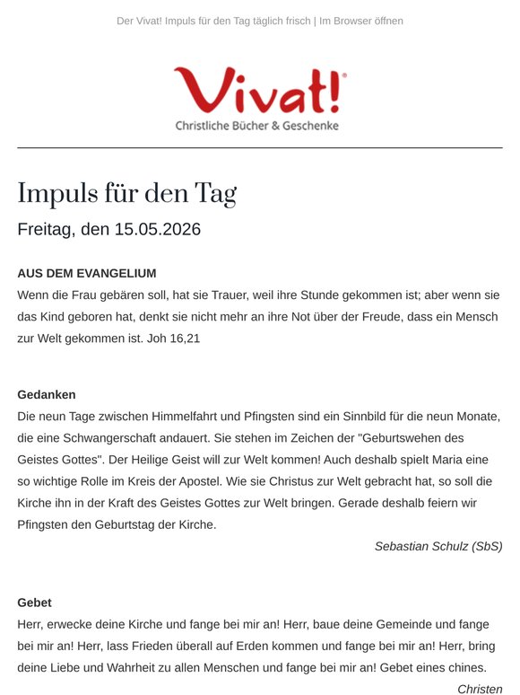 Impuls für Freitag, den 15.05.2026 - von Vivat!
