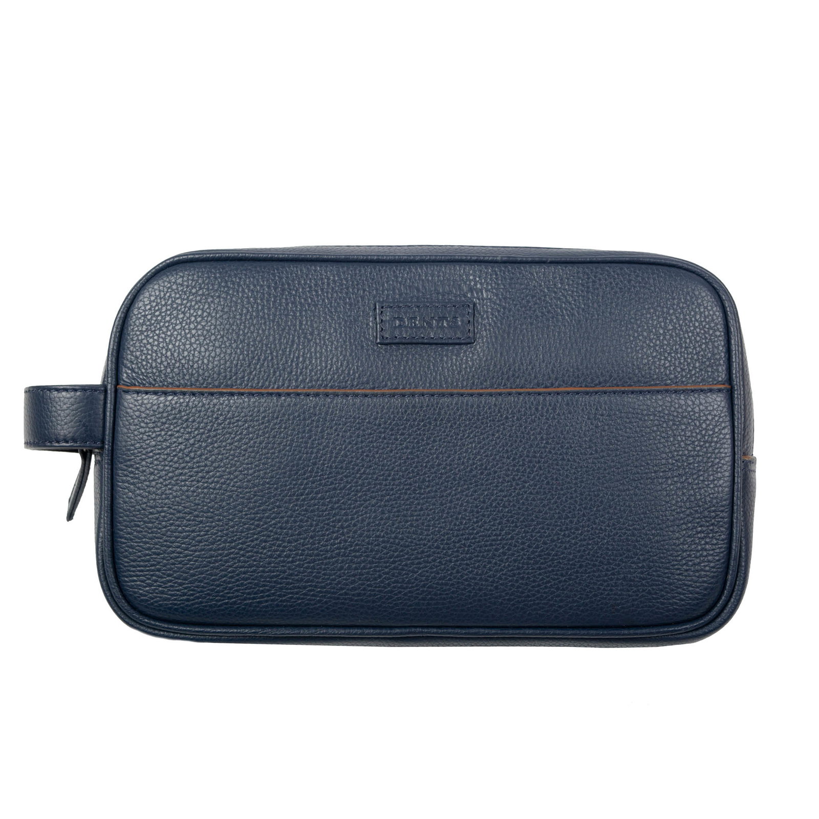Men's Two-Zip Pebble Grain Leather Wash Bag in navy/cognac