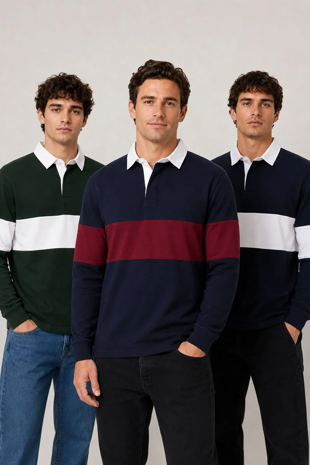 Image of Men’s Long Sleeve Single Striped Rugby Polo Shirt