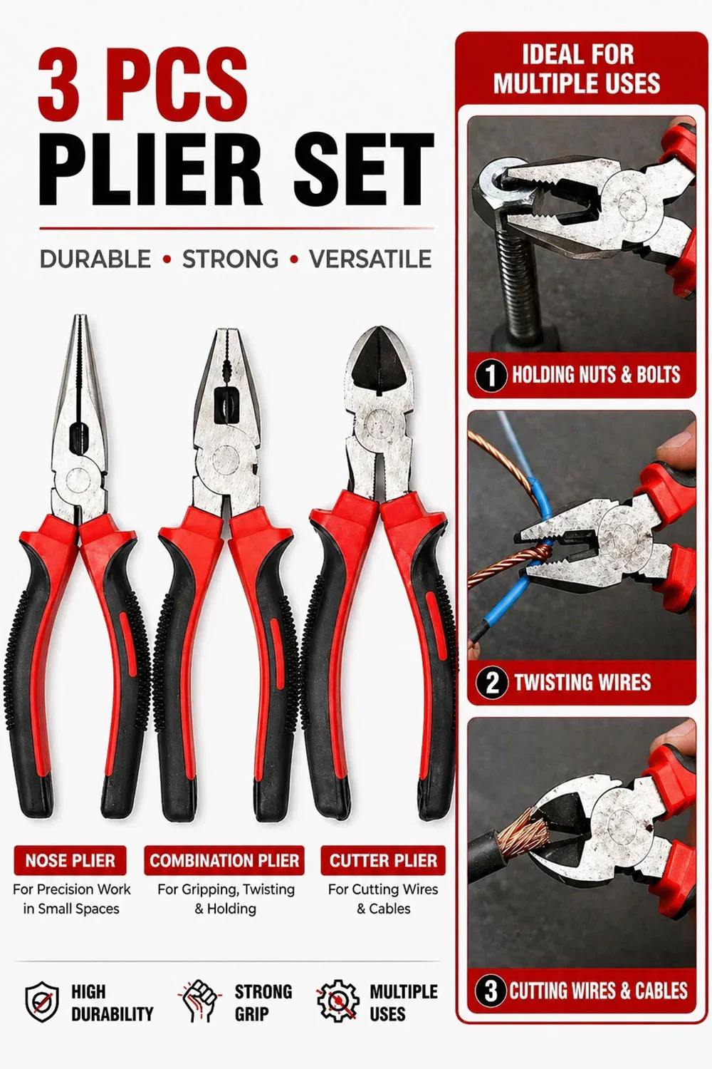 Image of 3 Piece Pliers Set – Long Nose, Combination & Wire Cutter Pliers for DIY, Electrical & Home Repairs