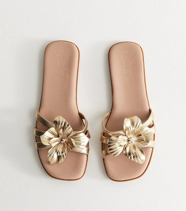 Gold Tone Flower Detail Flat Mules