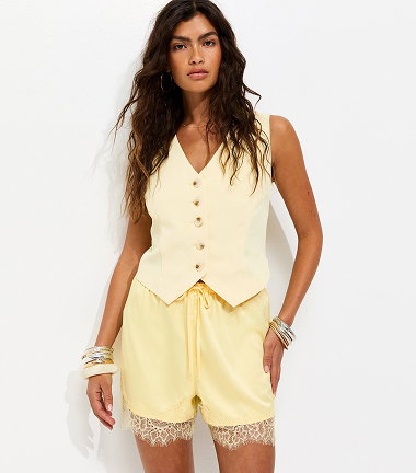 Light Yellow Satin Lace Trim Shorts