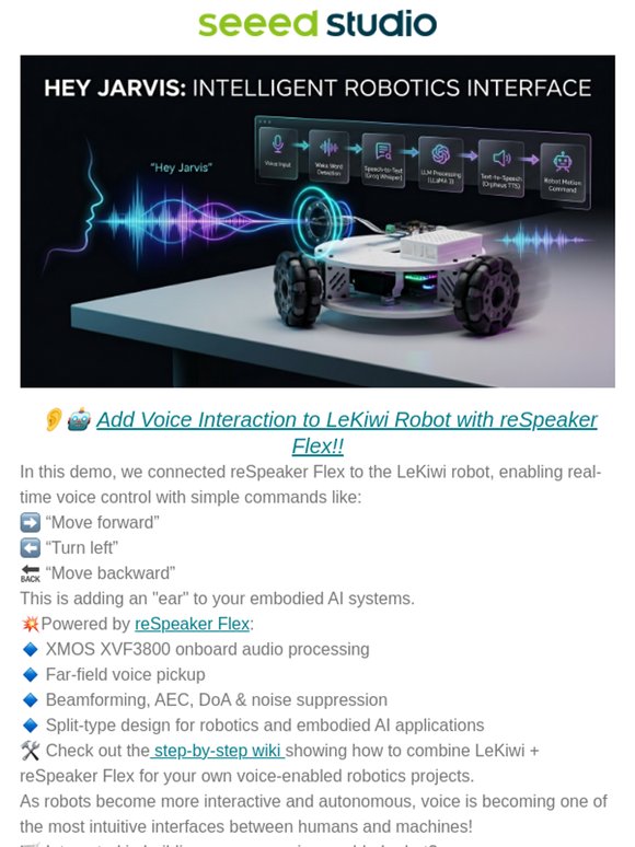 🎉【Weekly Trends】👂🤖 Add Voice Interaction to LeKiwi Robot with reSpeaker Flex!!