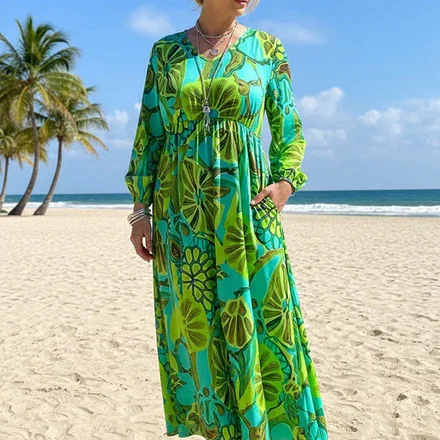 Green & turquoise spring long sleeve maxi women dress GJQ16395 (AS15)