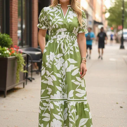 Southern Stitch Green floral print tiered short sleeve maxi dress GJQ16997