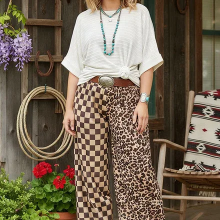 Restock--Southern Stitch Western checkered & leopard wide leg women pant XCH17046