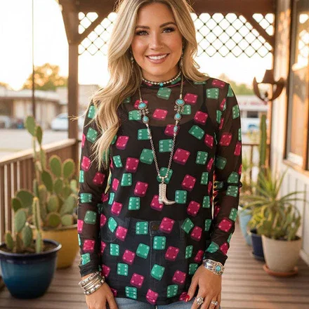 Southern Stitch Dice print sheer long sleeve women top XCH16356