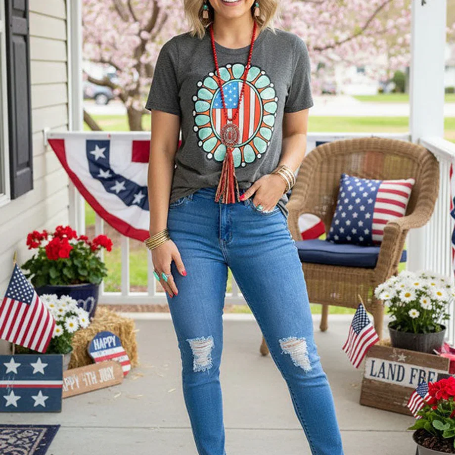 4th of July Grey t-shirt w/USA Jewel print DLH11008