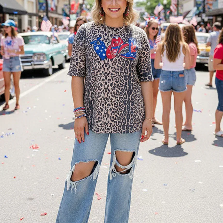 4th July bandanna, cowboy hat & boot print leopard women t -shirt DLH10800-2 IS2