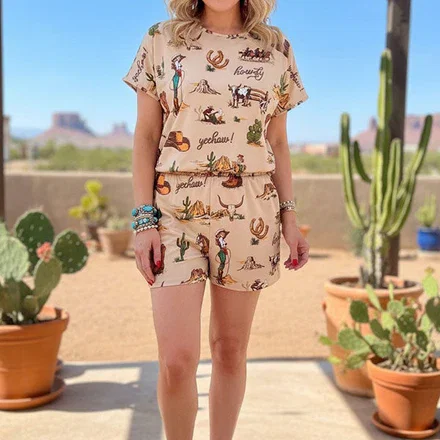 Southern Stitch Western patterns print short sleeve top & shorts 2pc women set XCH16892