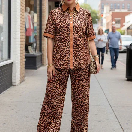 Southern Stitch leopard short sleeve top & pant 2pc women set GJQ17011
