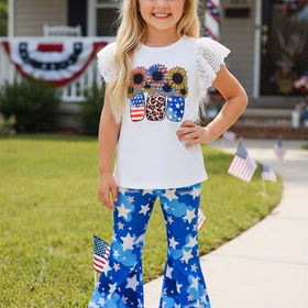 4th July flower printed lace sleeve top & pant 2pc girls set DLH2751 A9S7
