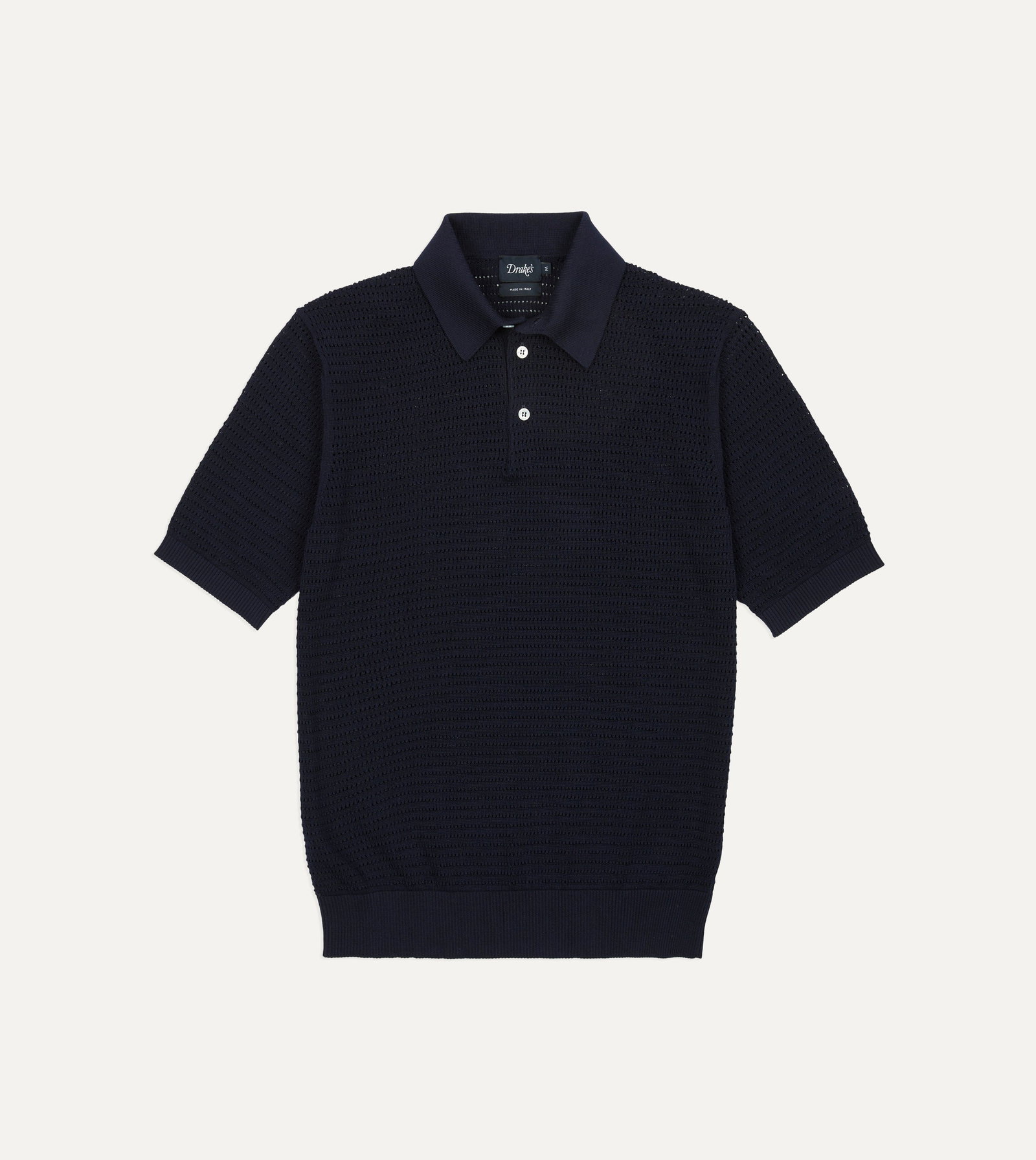Image of Navy Waffle Knit Cotton Short-Sleeve Polo Shirt