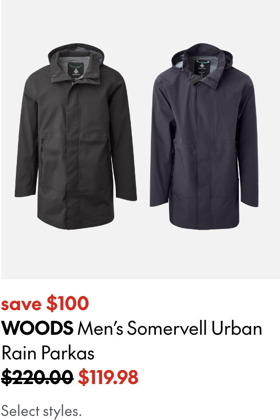 WOODS Men's Somervell Urban Rain Parkas . Save $100