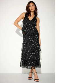 PixieGirl Petite Black Polka Dot Chiffon Midi Dress