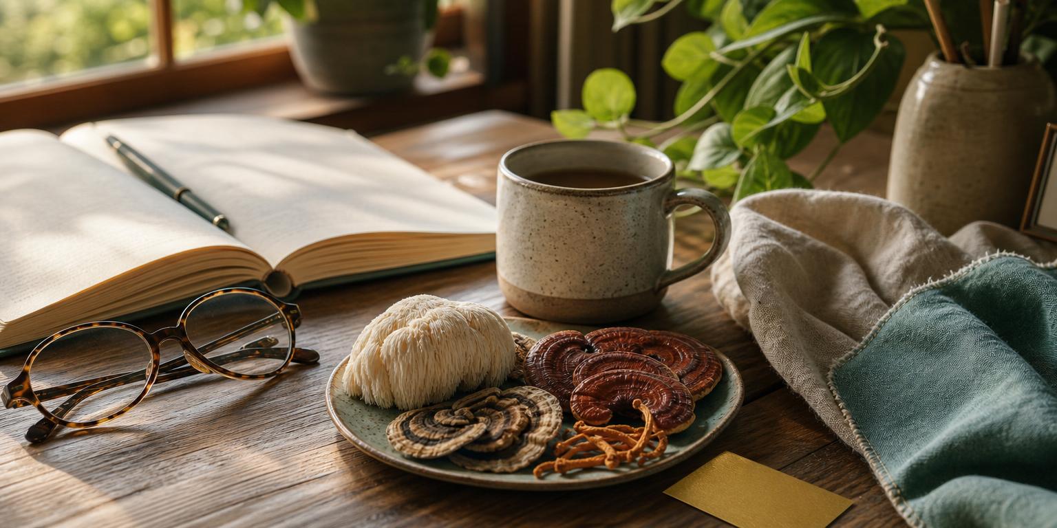 A calm morning table with tea, an open journal, glasses, and functional mushrooms in warm sunlight