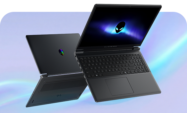 The Alienware Aurora 16 HX Gaming Laptop in a light toned ecosystem featuring the AW Pro Keyboard, and aw2725dm
