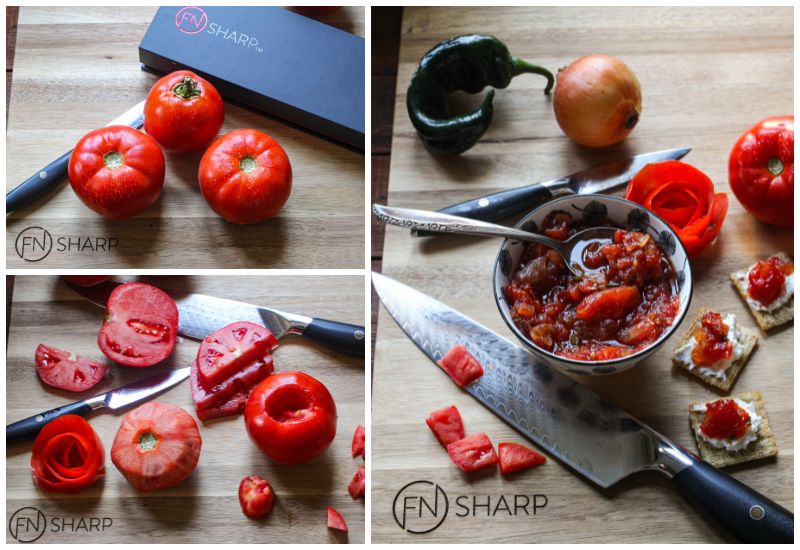 Split image of F.N. Sharp knives with whole tomatoes, cut tomatoes, and a tomato jam recipe