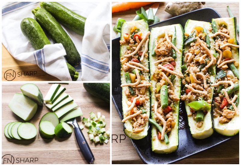 Split image of F.N. Sharp knives with whole zucchini, cut zucchini, and a recipe image for stuffed zucchini boats