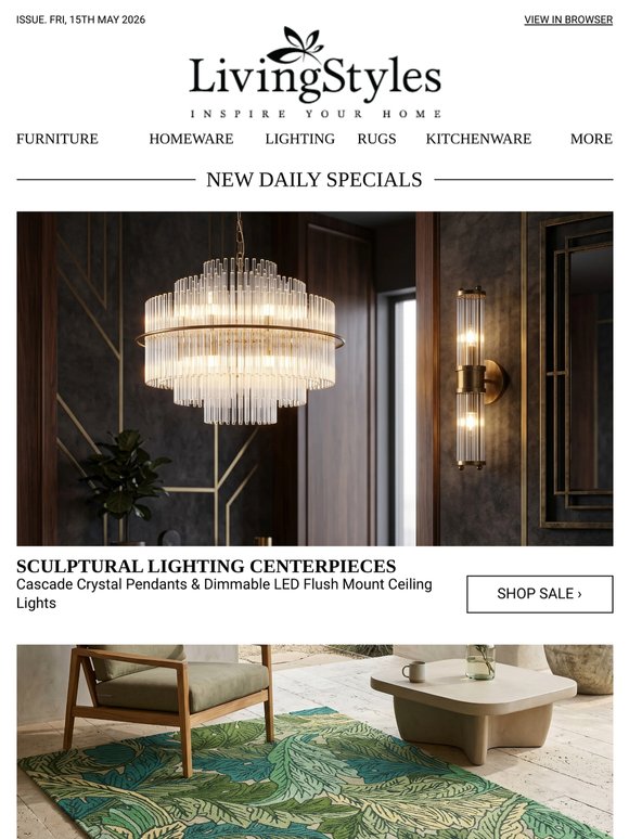 Cascade Crystal Pendants & Dimmable LED Flush Mount Ceiling Lights, Ted Baker, Orla Kiely & Harlequin Indoor / Outdoor Designer Rugs, Wooden Oval...