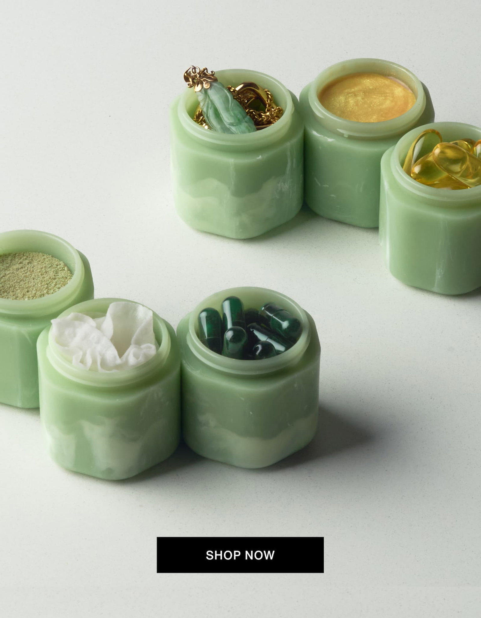 Click to shop Jade Collection. Image of Capsules in Jade filled with products.